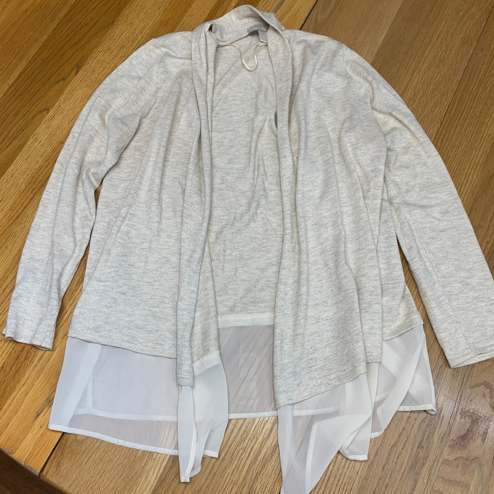 Loft Womens Beige Heathered Mixed Media Sheer Hem Open Front Cardigan Size Large